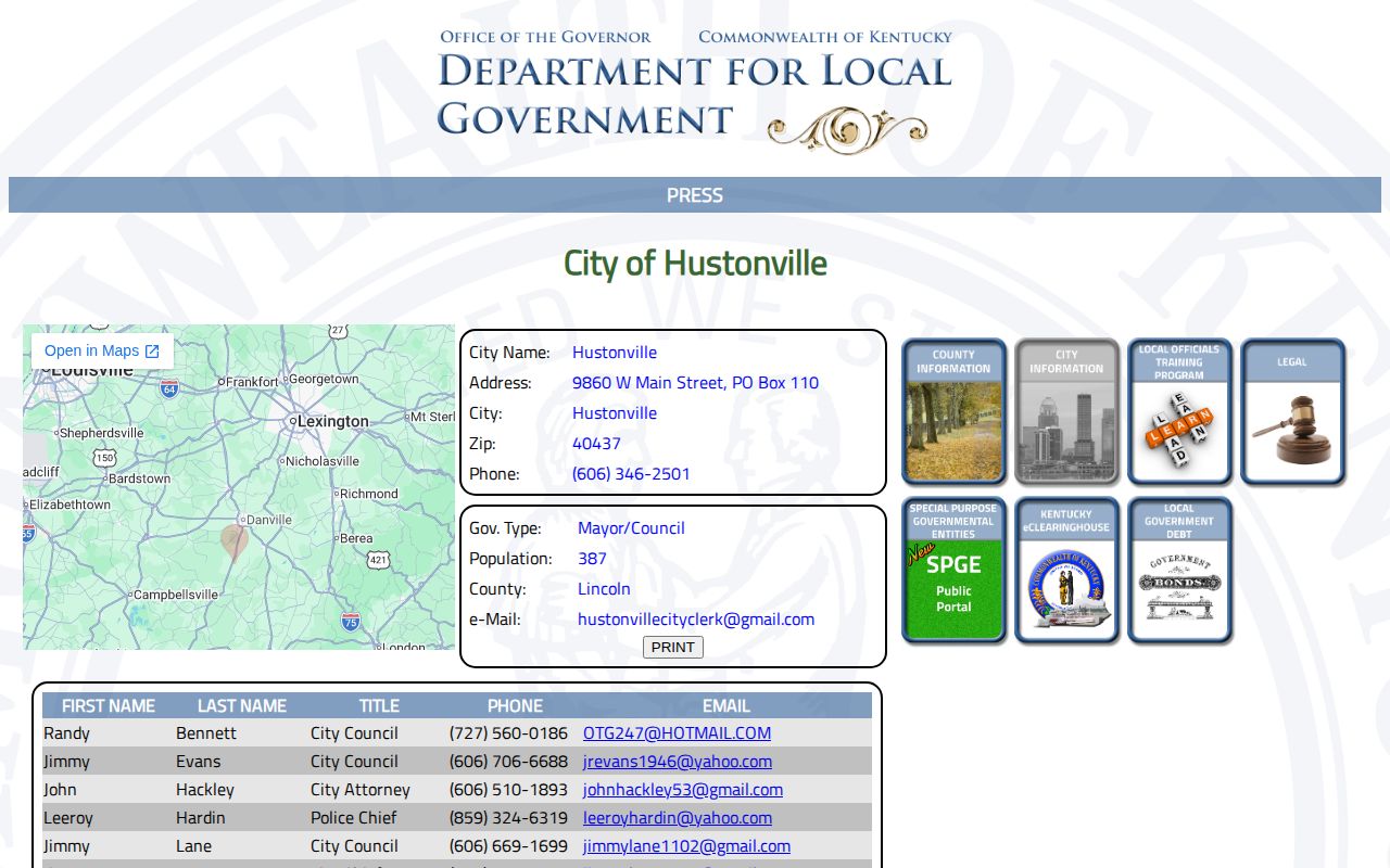 Kentucky DLG Hustonville city and police records contact