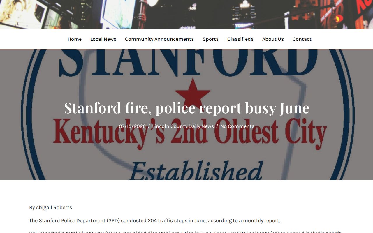 Lincoln County arrest news showing a Stanford monthly police activity report